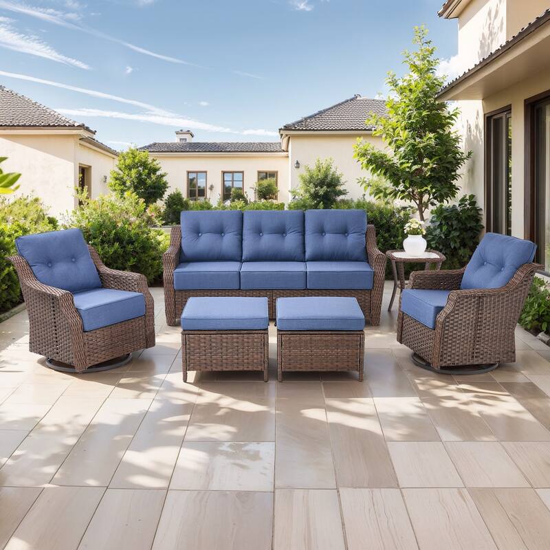 Gymojoy 6-Piece Wicker Patio Furniture Set, 6-Inch Ultra Thick Cushioned 360° Swivel Glider Chairs & Multifunctional Ottomans - Brown Wicker / Blue Cusion - 6-Piece