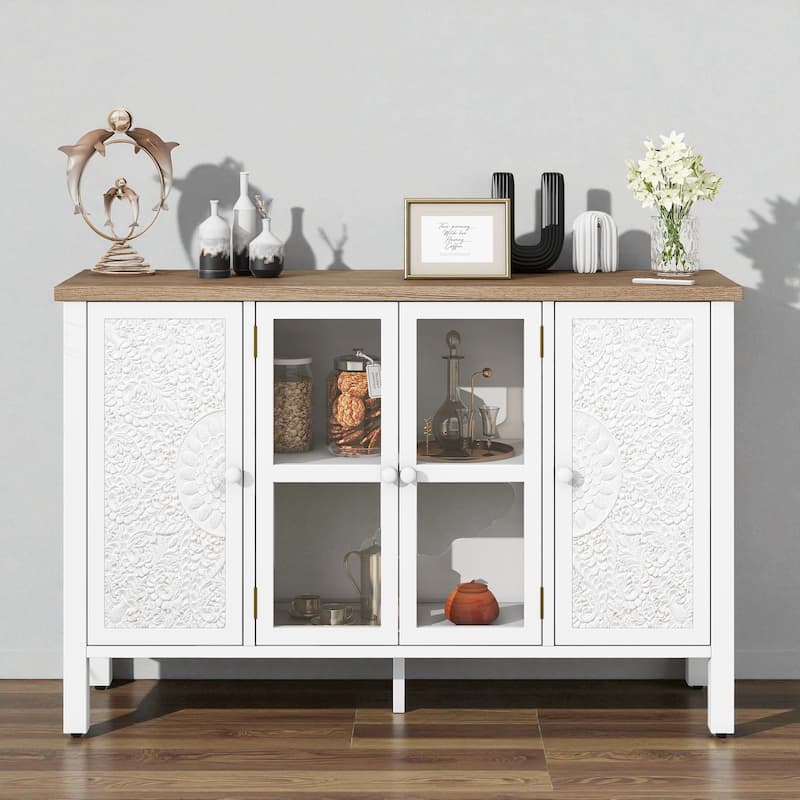 47.2'' Retro TV Stand for TVs up to 43'', Media Console with 3 Cabinets, Glass Door, Adjustable Shelves & Anti-Tip Device - White