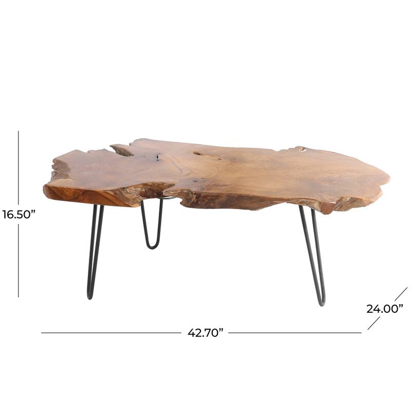 Brown Teak Wood Handmade Live Edge Living Room Coffee Table with Black Metal Hairpin Legs