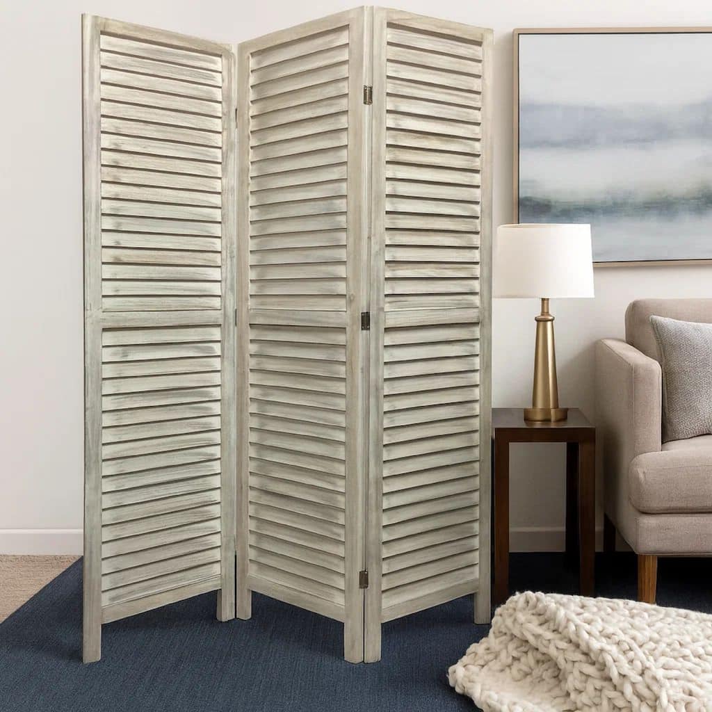 67 Inch 3 Panel Shutter Screen with Fitted Slats, Weathered White