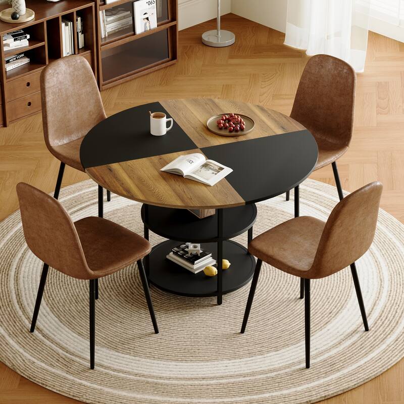 5-piece Natural and Black Spliced Round Dining Table Set with Double-Layer Storage Shelf, Anti-Slip Feet