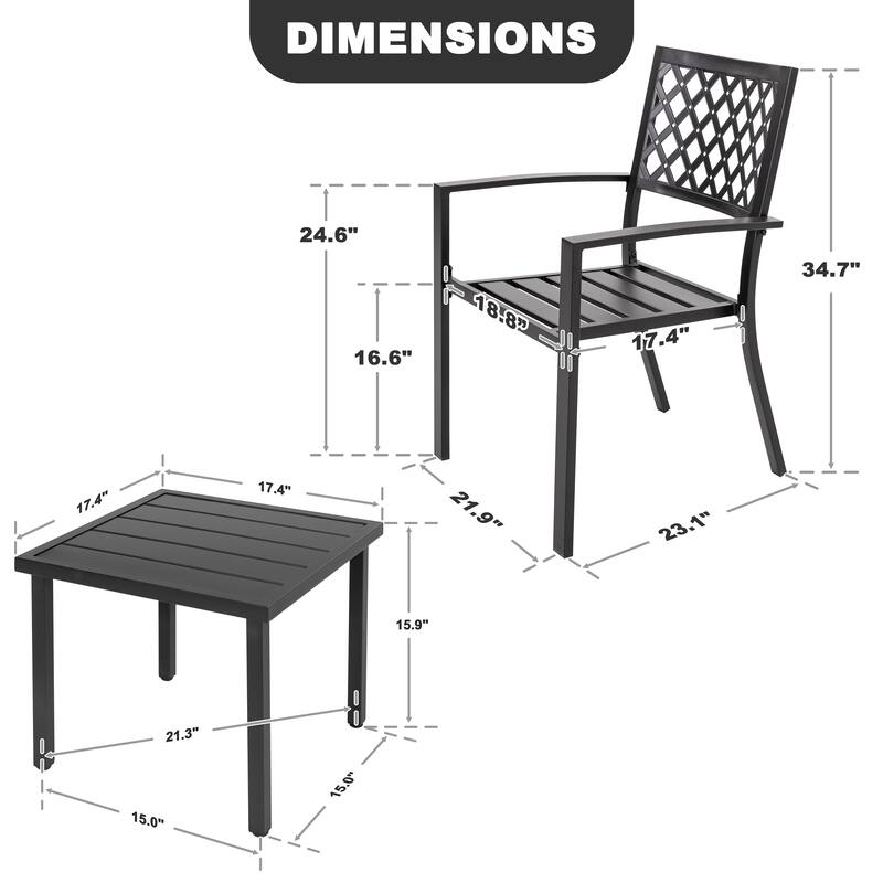Patio Bistro Set with Stackable Chairs, Powder-Coated Iron Frame