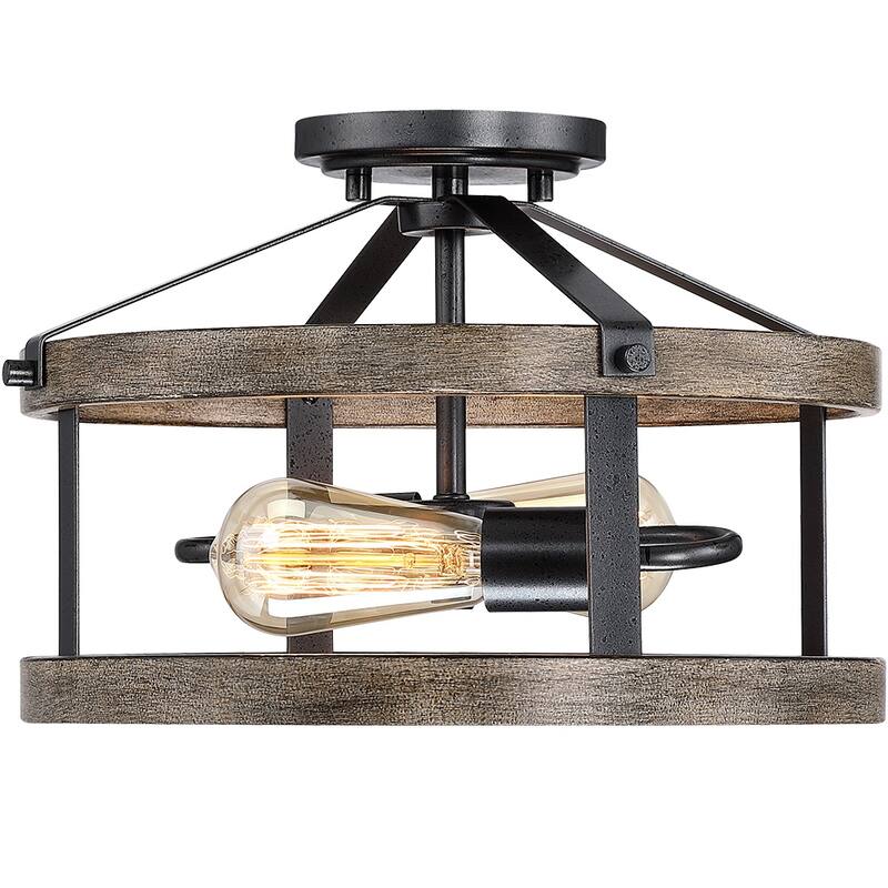 13 in. 2-Light Natural Iron and Distressed Faux Wood Industrial Farmhouse Semi-Flush Mount Ceiling Light