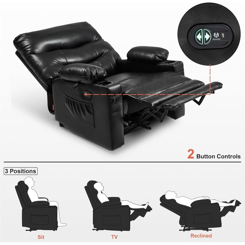 Large Power Faux Leather Recliner Chair with Heat and Massage, Cup Holder, USB Port
