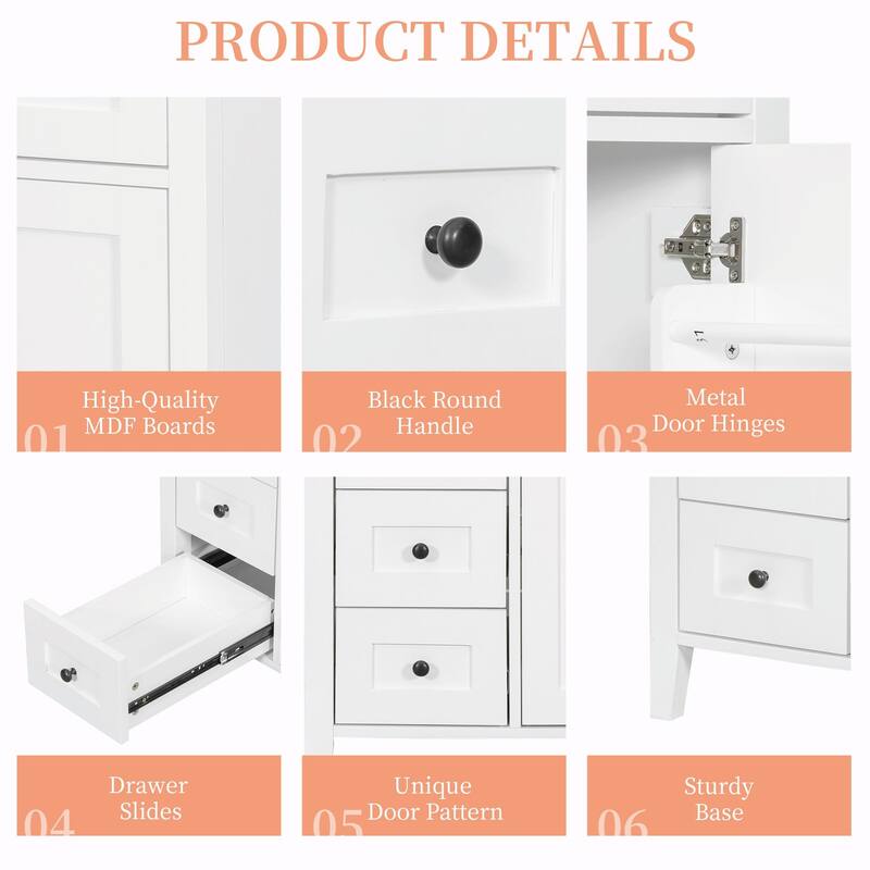 Bathroom Vanity with Sink, Modern MDF and Rubberwood Cabinet with 3 Drawers and Adjustable Shelf