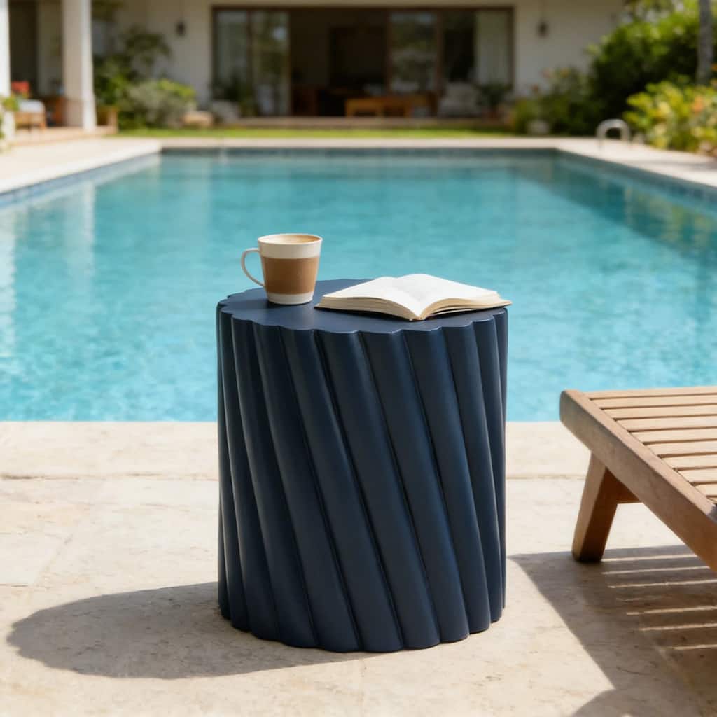 Christopher Knight Home - Modern 16.02" Diameter, 18.31" H Navy Blue All-Weather Patio Outdoor Fluted MGO Accent Table / Stool