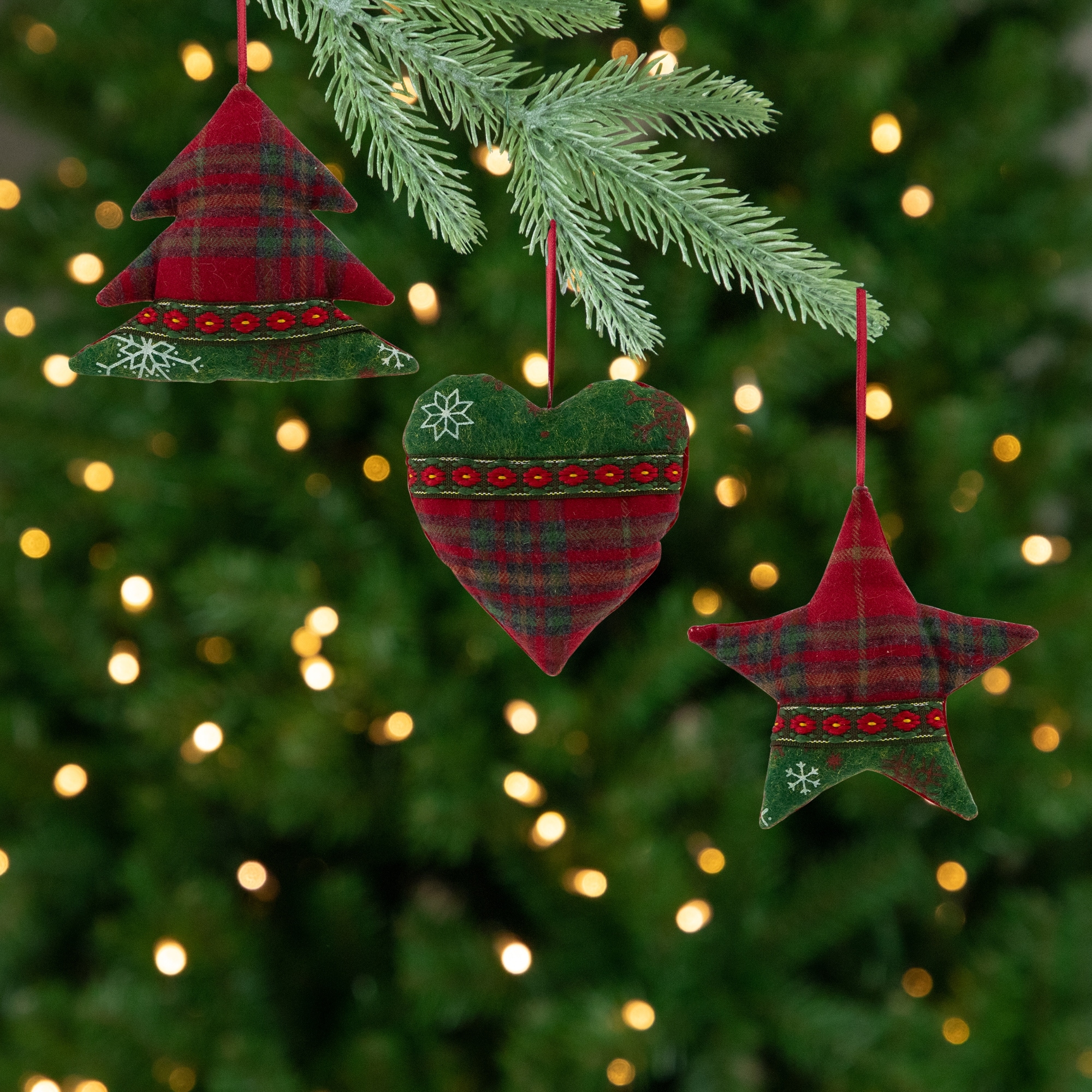 Plaid Heart Tree Star Christmas Ornaments 5" Red Green Set of 3