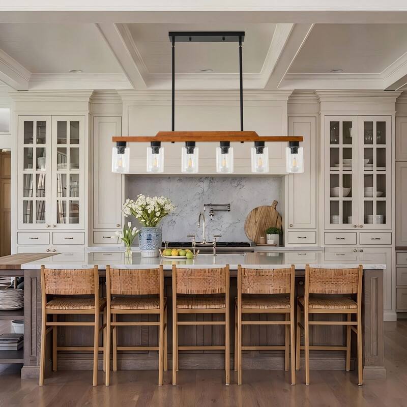 Farmhouse Chandelier for Dining Room Kitchen Island Rustic Wood Linear Pendant Light with Seed Glass Shade