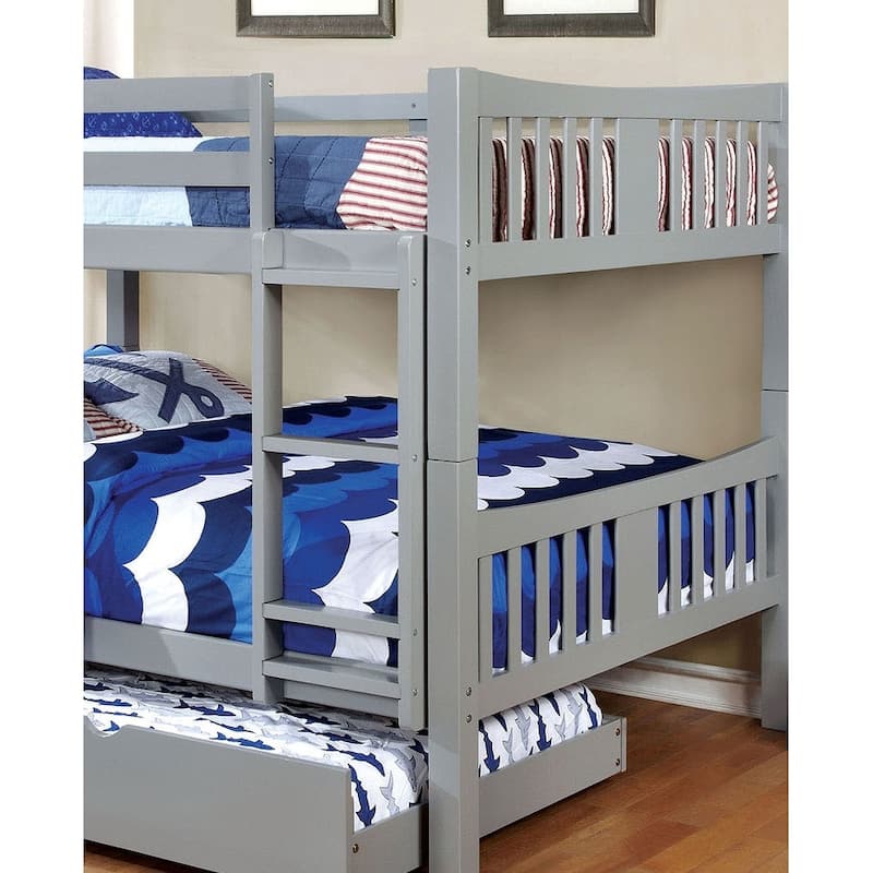 Gray Full Over Full Bunk Bed with Trundle and Attached Ladder, Transitional Style
