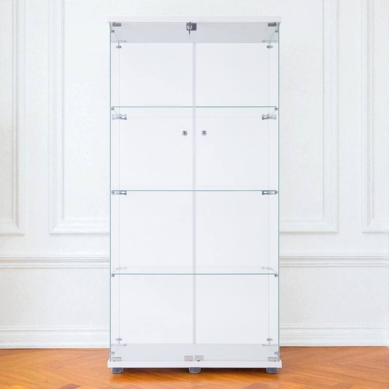 LED Glass Display Cabinet with 4 Shelves, Two Doors and Remote-Control Color Lighting