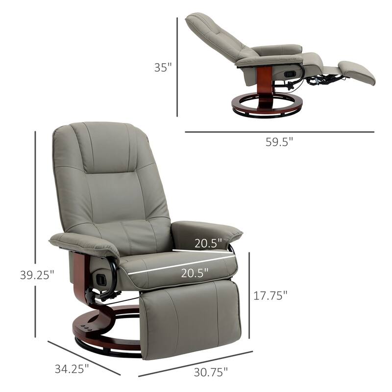 Gray PU Leather Swivel Recliner with Overstuffed Padding, Extendable Footrest & 145° Recline - 30.75" W x 34.25" D x 39.25" H
