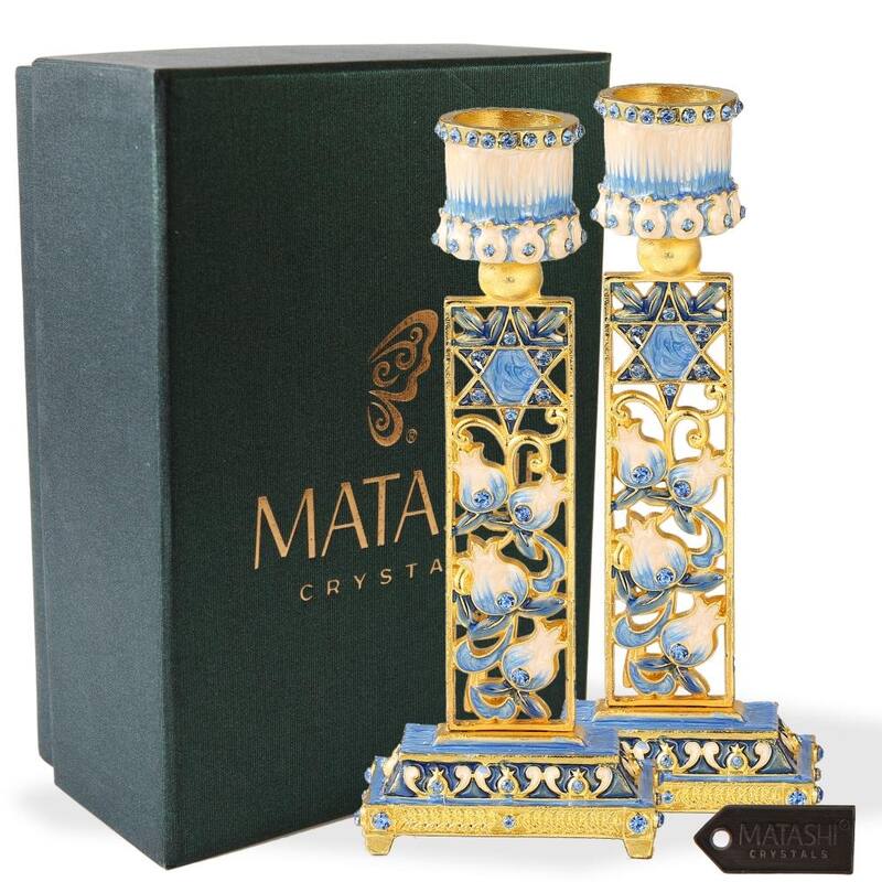 Matashi Shabbat Candlestick (2-Piece Set) Hand-Painted, Gold-Plated Pewter Adorned w/ Star of David |Religious Enjoyment