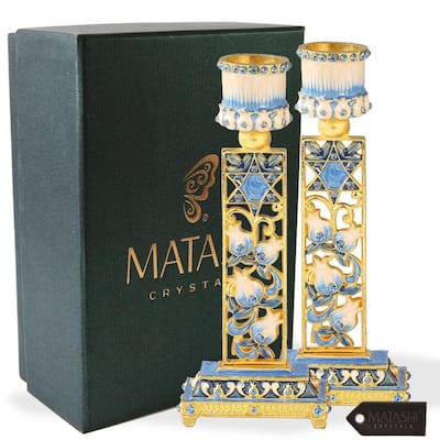 Matashi Shabbat Candlestick (2-Piece Set) Hand-Painted, Gold-Plated Pewter Adorned w/ Star of David |Religious Enjoyment