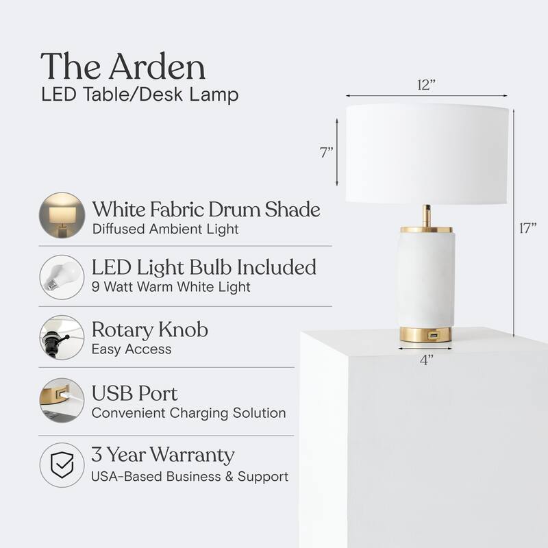 Brightech Arden 17 in. Marble Mid-Century Modern LED Table Lamp with Fabric Drum Shade and Built-In Charging Port