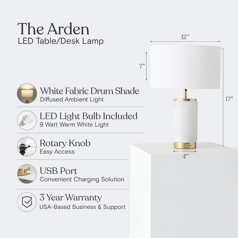 Brightech Arden 17 in. White Mid-Century Modern LED Standard Table Lamp with White Fabric Drum Shade and Built-In USB Port