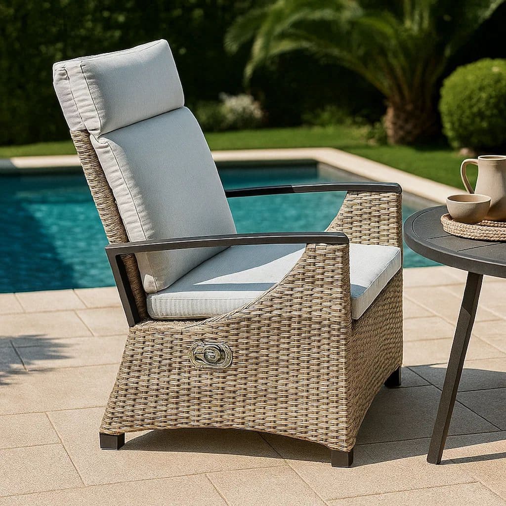 Foca 26 Inch Outdoor Dining Armchair, Faux Wicker, Gray, Tufted Backrest