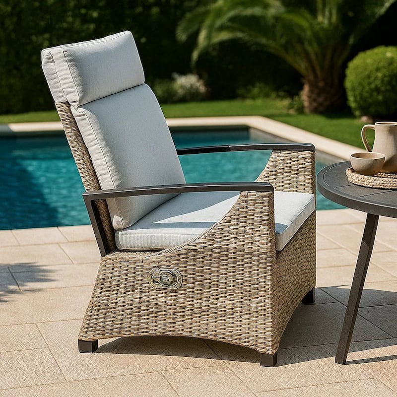 Foca 26 Inch Outdoor Dining Armchair, Faux Wicker, Gray, Tufted Backrest