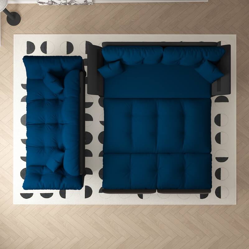 74.8" Queen Sleeper Sofa - 3-in-1 Tufted Velvet Loveseat with Pull-Out Bed & 2 Pillows, Multi-Functional