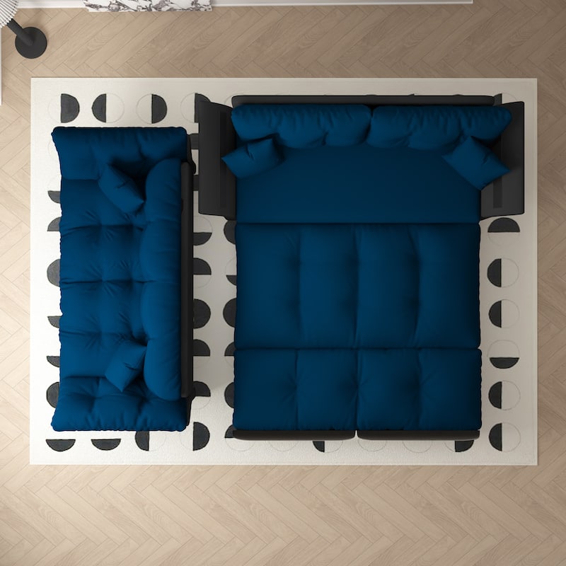 Queen Pull Out Sofa Bed, 3-in-1 Convertible Sleeper Sofa, Velvet Chaise Loveseat Daybed with 2 Soft Pillows