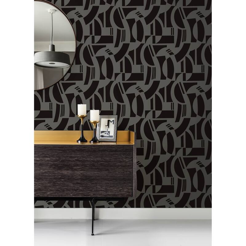 A-Street Prints Carter Black Geometric Flock Wallpaper