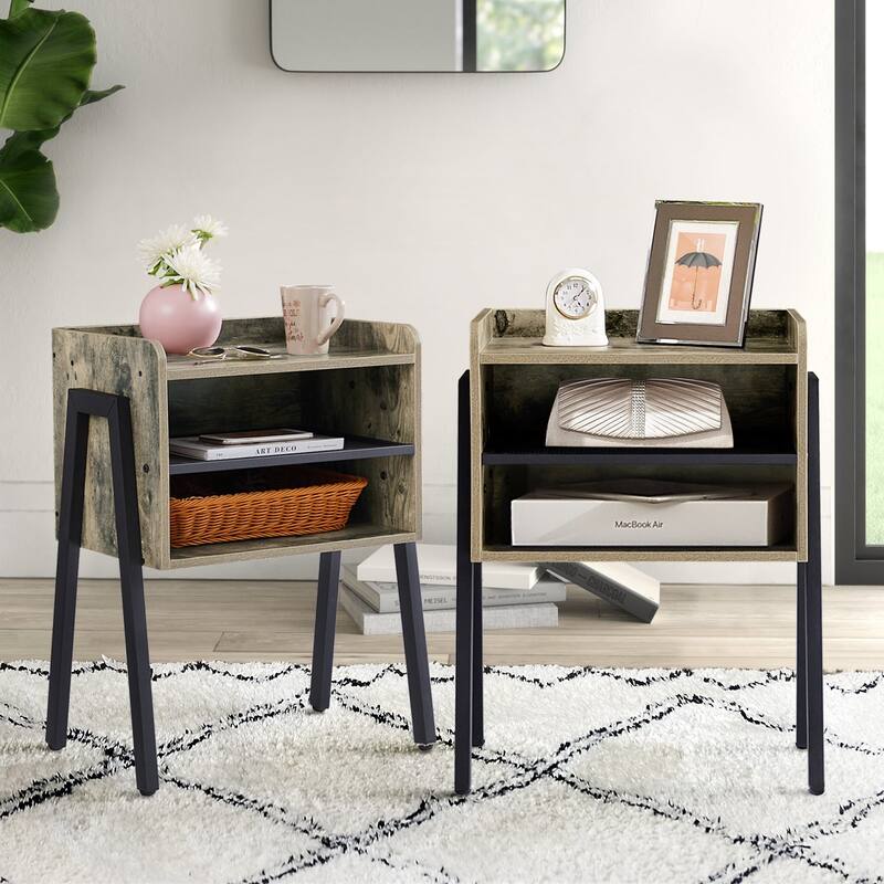 VECELO Gray Mid-Century Modern 3-Tier Stackable Nightstand Set of 1/2 Nightstands with Metal Frame for Bedroom Living Room - Set of 2-Grey