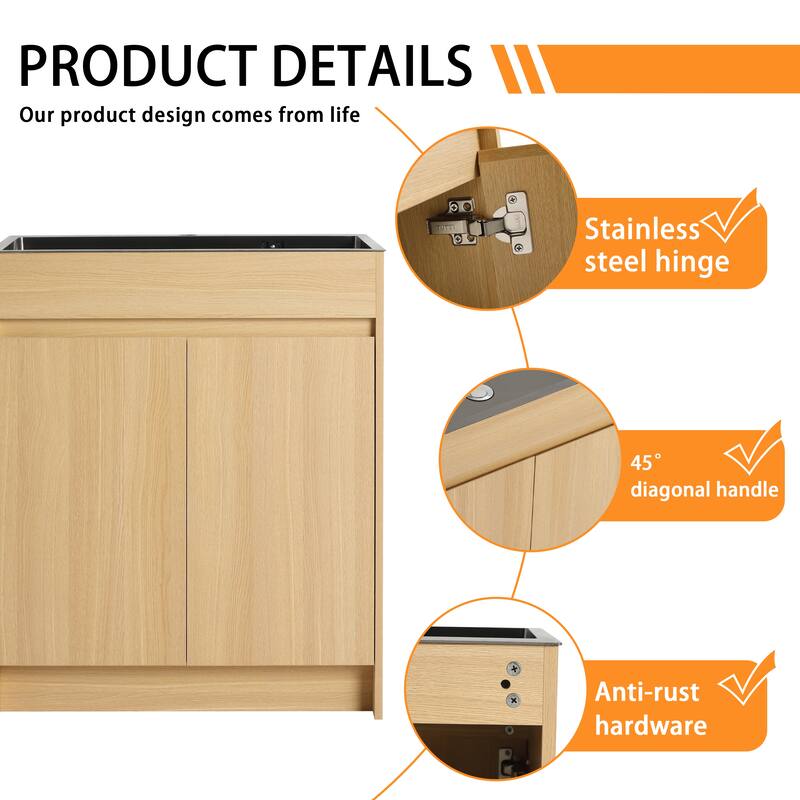 Bathroom Vanity With Stainless Steel Sink In 28 Inch, Floating/Freestanding Bathroom Vanity With 2 Soft Close Doors