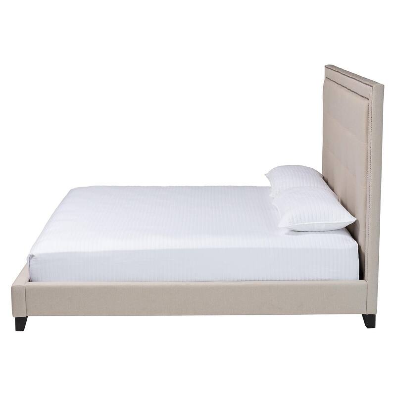 King Size Platform Bed - Grey Linen Upholstered, Button Tufted Headboard with Silver Trim