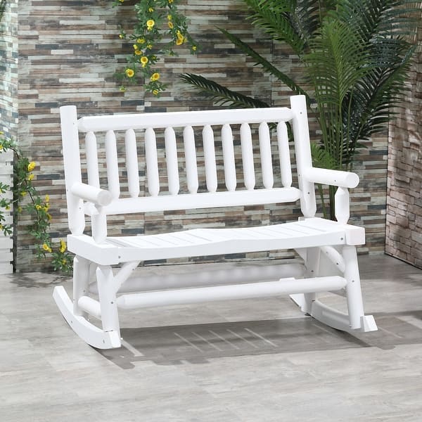 slide 2 of 26, Outsunny 2-Person Wooden Rocking Chair Rocker Bench with Relaxing Swinging Motion White