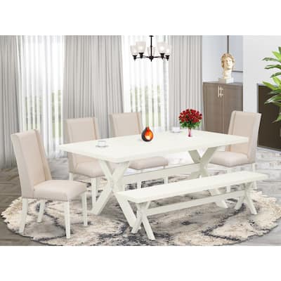 Modern 6-Piece Dining Set - Kitchen Table with Chairs & Bench - Linen Fabric Seats