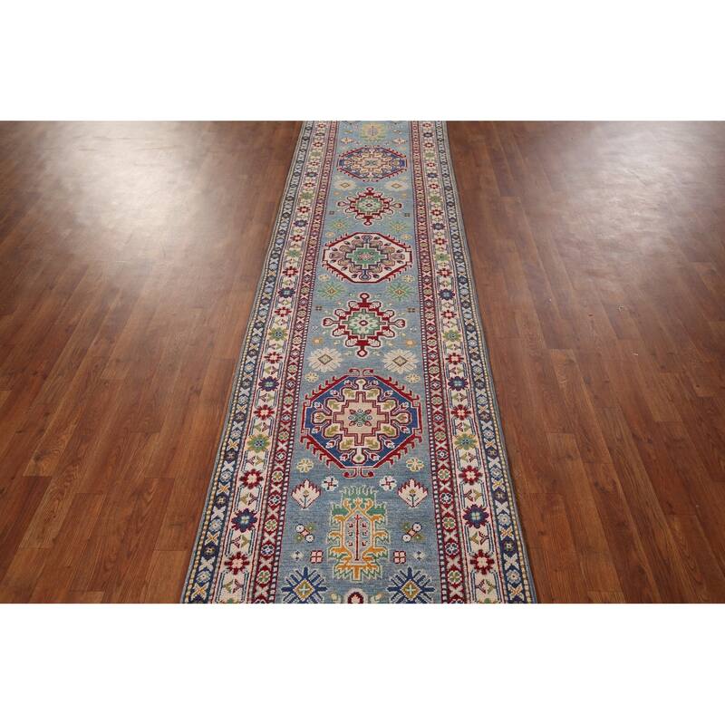 Light Blue Kazak Oriental Runner Rug Handmade Geometric Wool Carpet - 2'7" x 12'7"