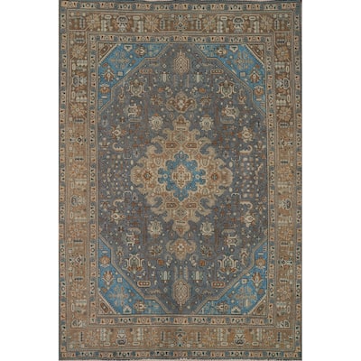 Blue Geometric Tabriz Vintage Persian Rug Hand-Knotted Wool Carpet - 6'5" x 9'4"