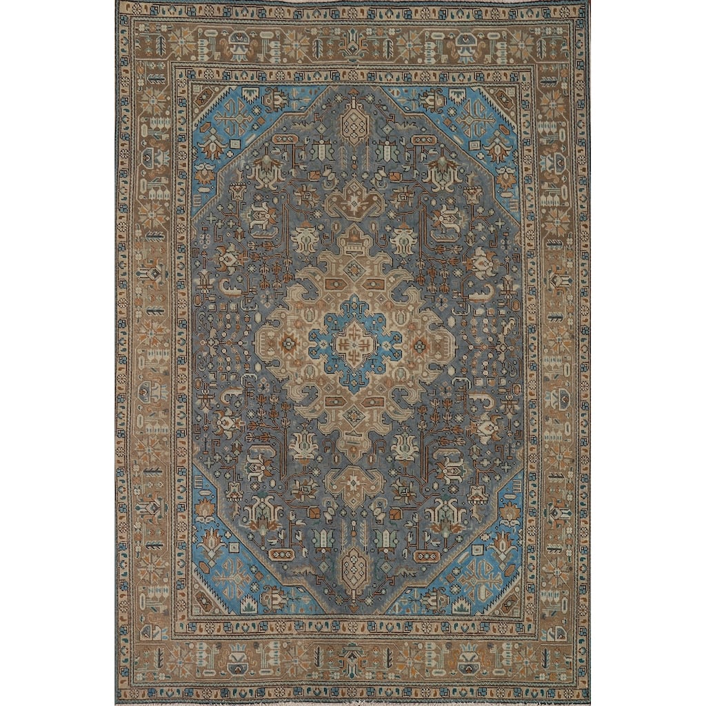Blue Geometric Tabriz Vintage Persian Rug Hand-Knotted Wool Carpet - 6'5" x 9'4"
