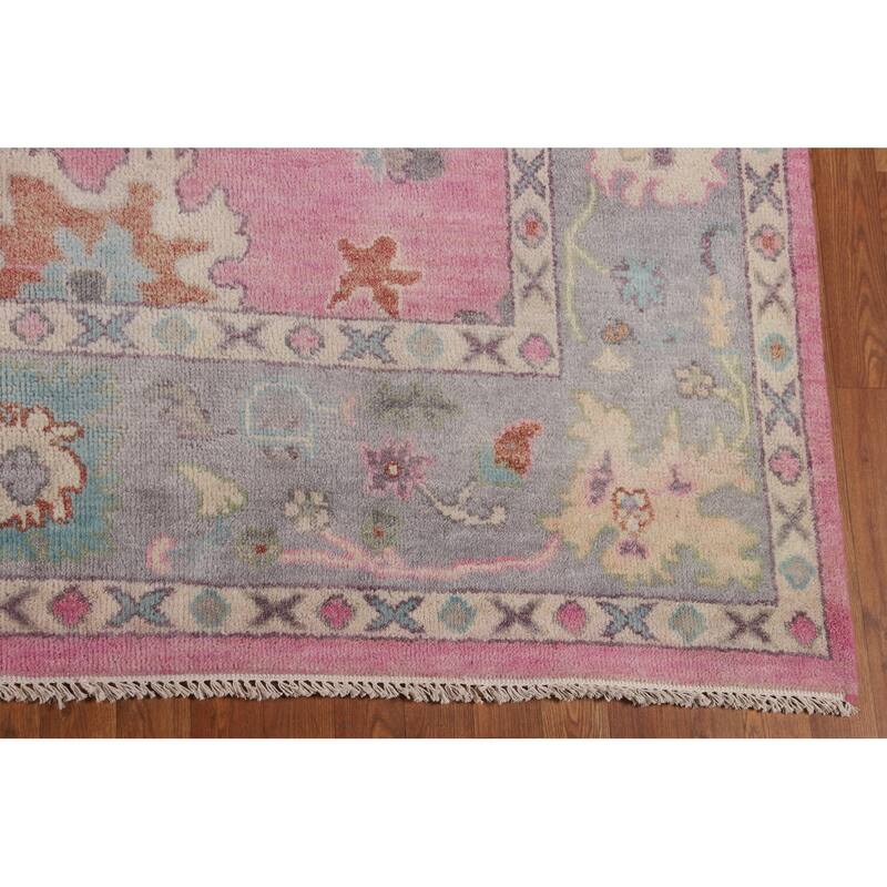 Pink Floral Oushak Oriental Area Rug Hand-Knotted Wool Carpet - 8'8"x 11'9"