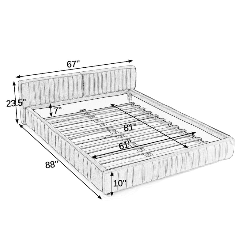 Pleated Design Frame, Queen Size Grounded Bed Frame Chenille Fabric Upholstered Bed Low Profile Platform Bed with Headboard