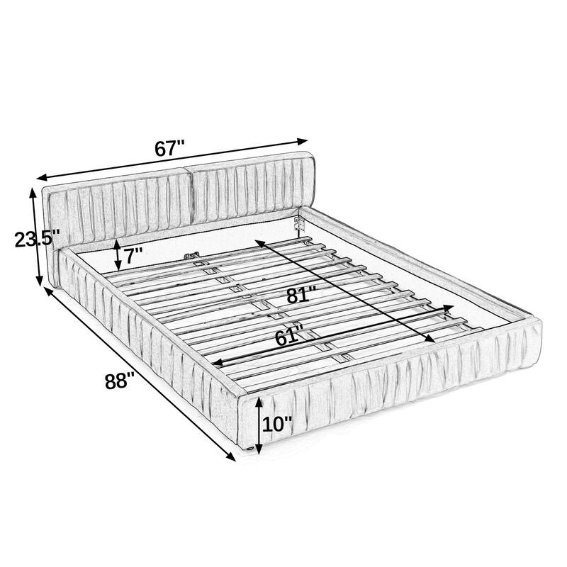 Queen Size Upholstered Floor Bed Frame, Chenille Fabric Queen Platform Bed with Headboard and Solid Frame, Wood Slats Support