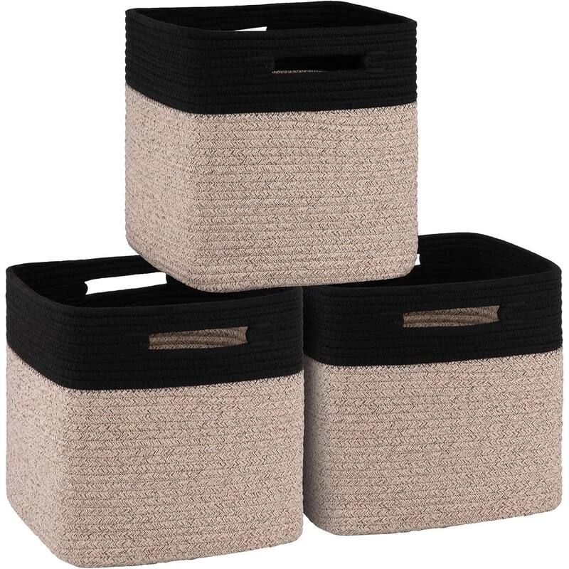 Storage Cubes 11 Inch Storage Bins-3-Pack, Cotton Rope Woven Baskets - 11"L x 11"W x 11"H - Black & Brown