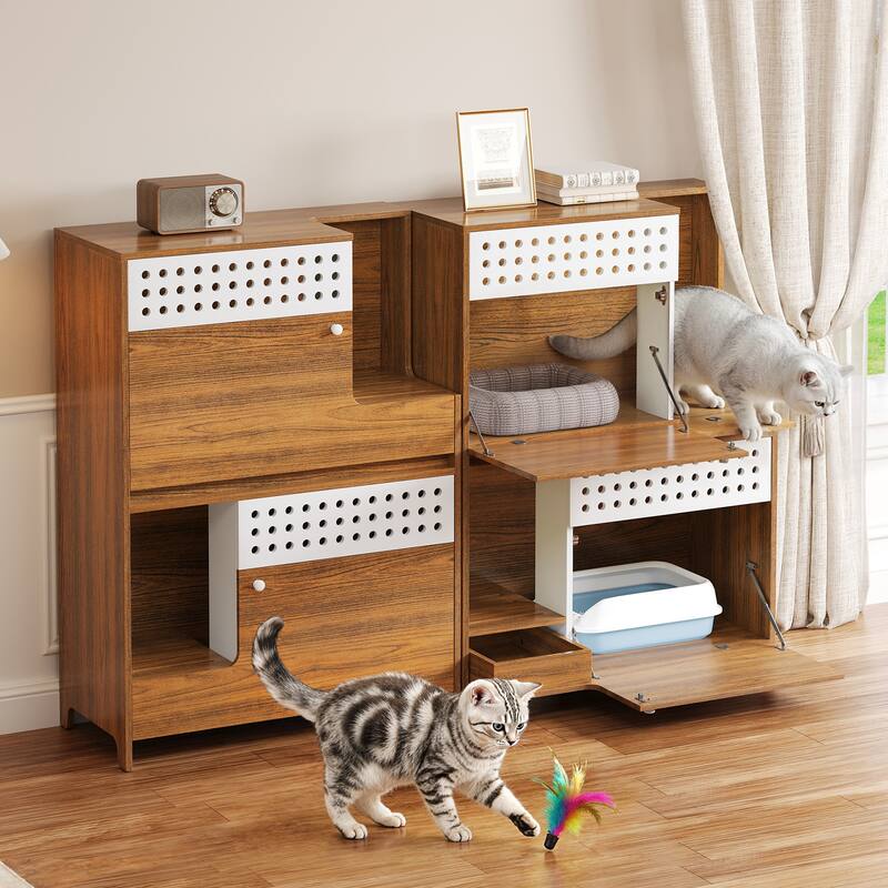 2-Piece of Modern 2 IN 1 Cat Furniture Set, Cat Litter Box Enclosure Side Table, Cat House with Storage - Brown