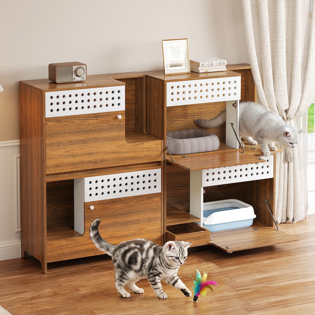 Roomfitters 2-Piece Modern 2 in 1 Cat Furniture Set, Cat Litter Box Enclosure Side Table with Storage Cat House