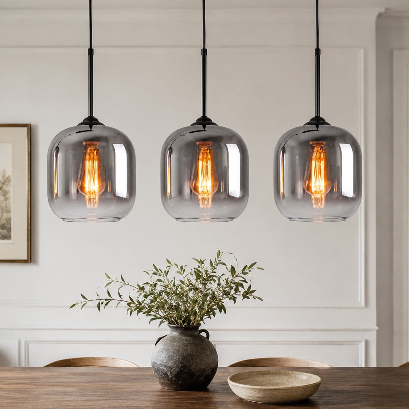 33.5" Industrial Retro Black Linear 3-Light Kitchen Island Pendant Light with Gradient Chrome Winter Melon Glass Shade