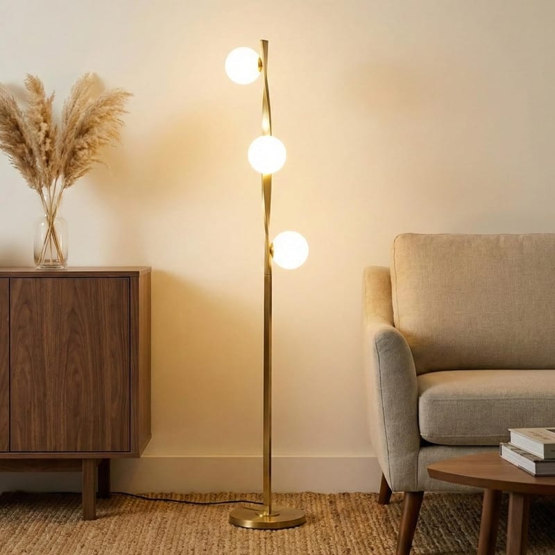 Brightech Nola 60 in. Antique Brass Industrial 3-Light 3-Way Dimming LED Floor Lamp with 3 Frosted White Glass Globe Shades