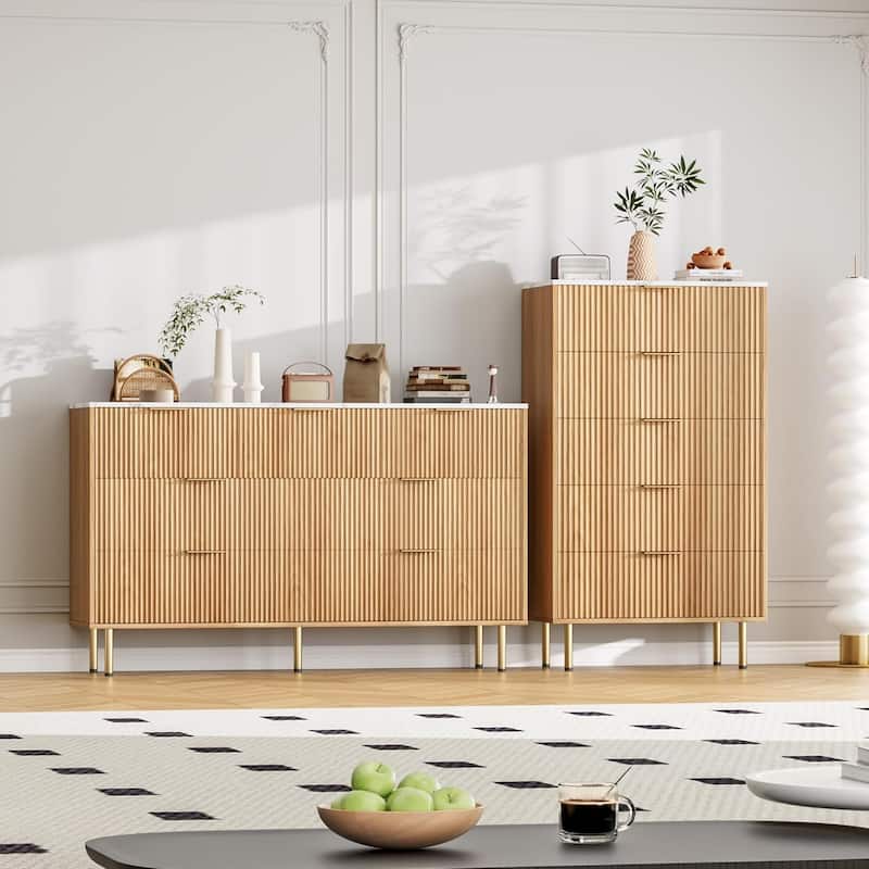 Fluted 5 Drawer Dresser for Bedroom, Wooden Chest with Wide Drawers, Modern Storage Organizer for Closet, Hallway