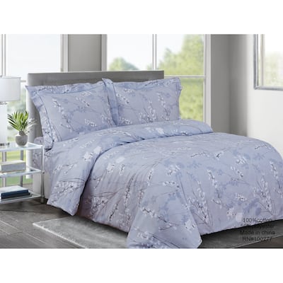 Violet Linen French Spring Bloom Pattern, Luxury 200 Thread Count Cotton, Blue, 6 Piece, Bedding Duvet Cover Set