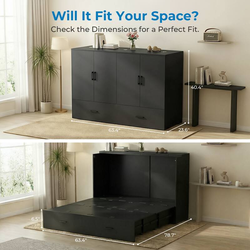 Mixoy Smart RGB LED Murphy Bed,Space Saving Cabinet Bed with Storage