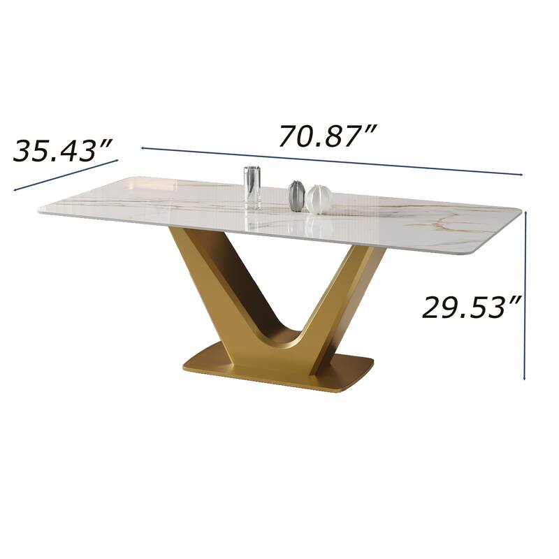 71'' Modern Rectangular Dining Table for 6, White Glossy Sintered Stone top with Gold Stainless Steel Legs
