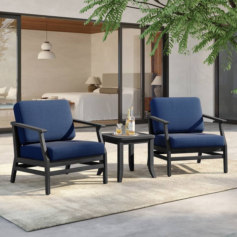 3 Set Outdoor Teak Wood Club Chairs with Side Table - BlackFrame-Navy