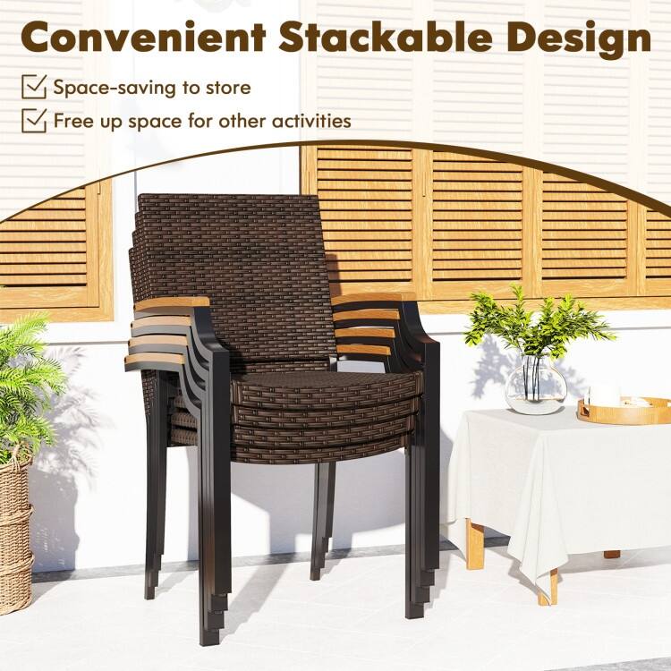 Set of 2 Mix Brown PE Rattan Metal Patio Dining Chairs with Ergonomic Back and Stackable Design - 23" x 22" x 34.5"