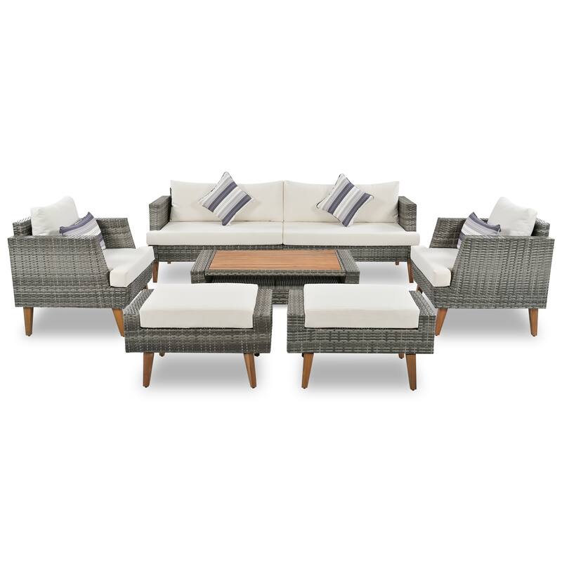 All-Weather PE Wicker Sofa Set with Double Cushions & Wood Legs, 6-Piece Outdoor Rattan Sectional