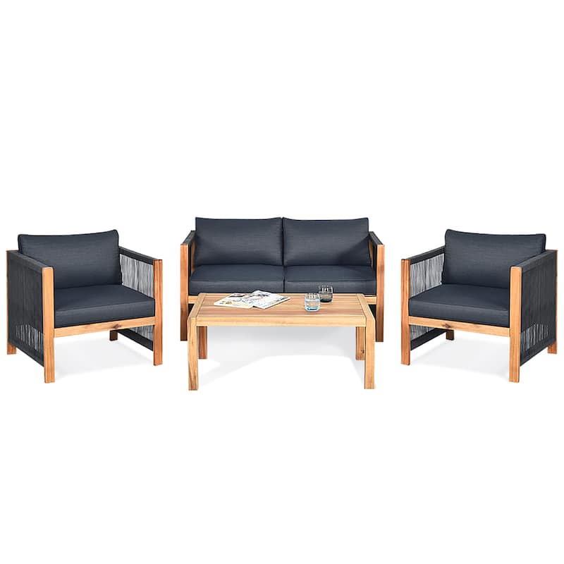 Costway 8PCS Wooden Patio Furniture Set Cushioned Sofa W/Rope Armrest