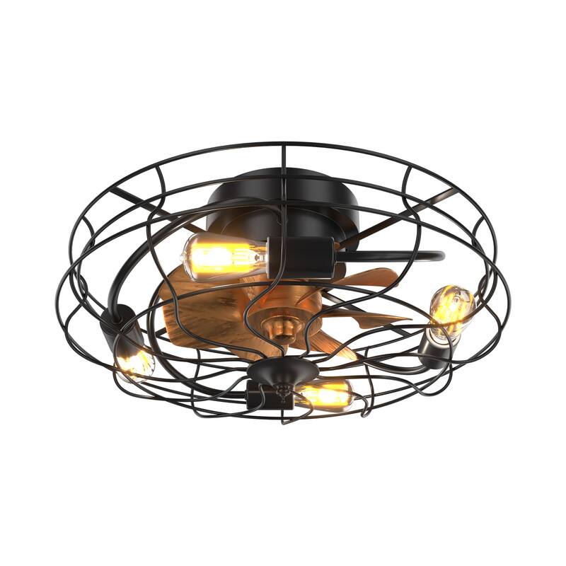 Indoor Low Profile 20 Inch Industrial 7 Blades Remote Control LED Bulb Ceiling Fan with Light - Black