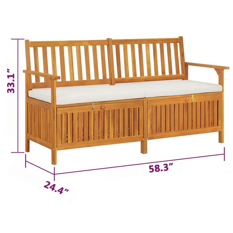 Outdoor Storage Bench, 58 Inch Brown Acacia Wood, Cream White Cushion